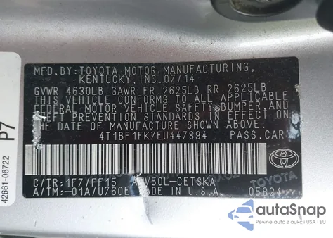 2014 Toyota Camry Se z USA, uszkodzony, nr VIN 4T1BF1FK7EU447894